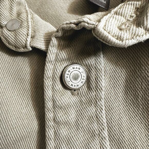 H&M Mens Long Sleeve Denim Button Up Overshirt Shirt Jacket Shacket Beige Large - Picture 8 of 12